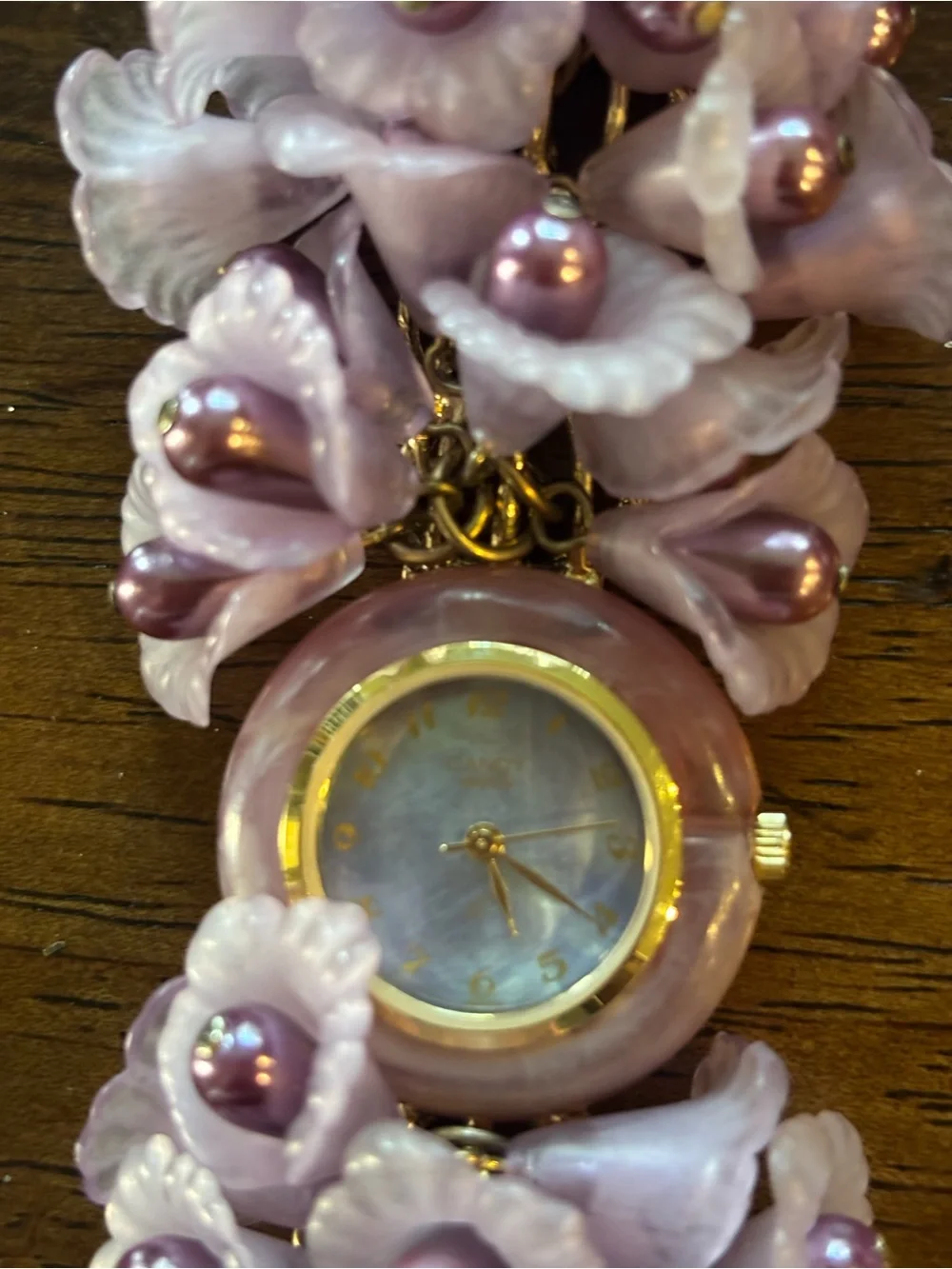 Women's Pink Floral Chain Bracelet Watch with Gold-Tone Accents